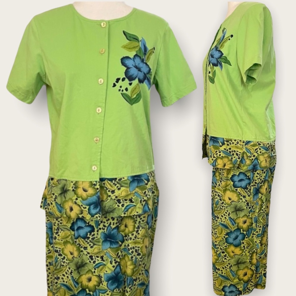 Kakcus Green Floral Button Down Short Sleeve Hawaiian Style Midi Skirt Small